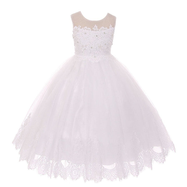 Kids Dream Little Girls White Lace Stone Applique Tulle Flower Girl Dress 4-6 - SophiasStyle.com
