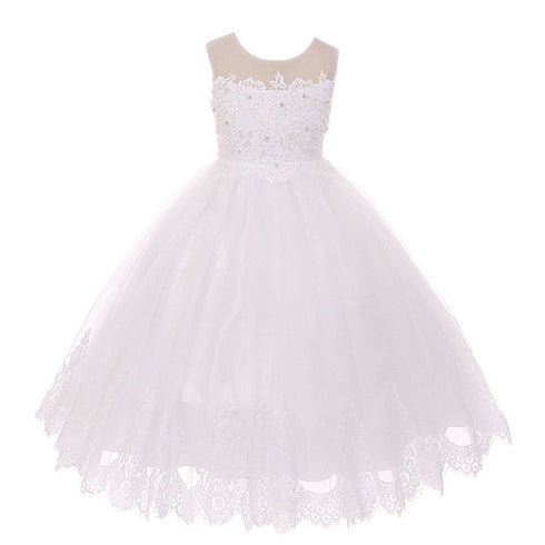 Kids Dream Little Girls White Lace Stone Applique Tulle Flower Girl Dress 4-6 - SophiasStyle.com