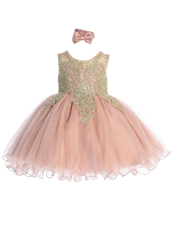 Baby Girls Dusty Rose Gold Lace Wired Tulle Flower Girl Dress 6-24M - SophiasStyle.com