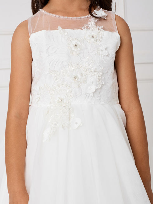 Big Girls Ivory Illusion Neck Lace Bodice 3D Flower Junior Bridesmaid 8-14 - SophiasStyle.com