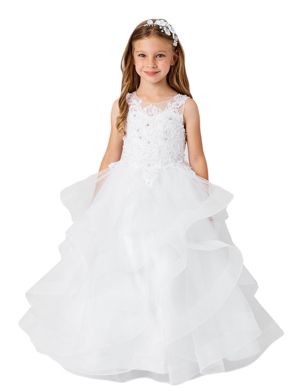 Girls Multi Color Illusion Neckline Lace Applique Trim Pageant Dress 2-12 - SophiasStyle.com