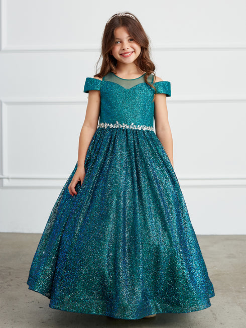 Little Girls Emerald Green Illusion Neckline Off Shoulder Pageant Dress 2-6 - SophiasStyle.com
