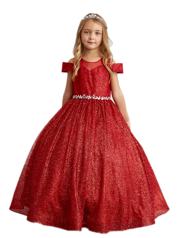 Big Girls Red Illusion Neckline Off Shoulder Pageant Dress 8-18 - SophiasStyle.com