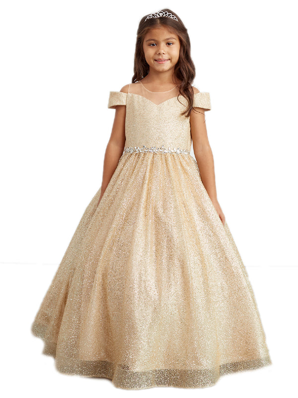 Little Girls Gold Illusion Neckline Off Shoulder Pageant Dress 2-6 - SophiasStyle.com