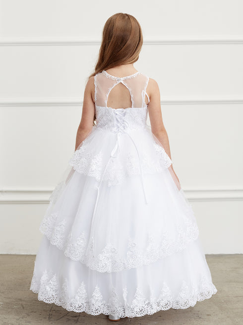 Big Girls White Glitter Mesh Overlay V Neck Pageant Dress 8-12 - SophiasStyle.com