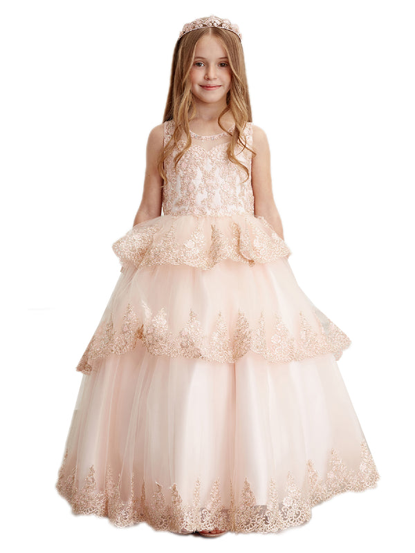 Big Girls Rose Gold Glitter Mesh Overlay V Neck Pageant Dress 8-12 - SophiasStyle.com