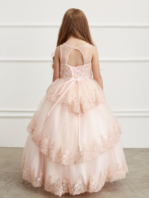 Big Girls Rose Gold Glitter Mesh Overlay V Neck Pageant Dress 8-12 - SophiasStyle.com