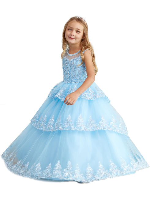 Big Girls Sky Blue Glitter Mesh Overlay V Neck Pageant Dress 8-12 - SophiasStyle.com