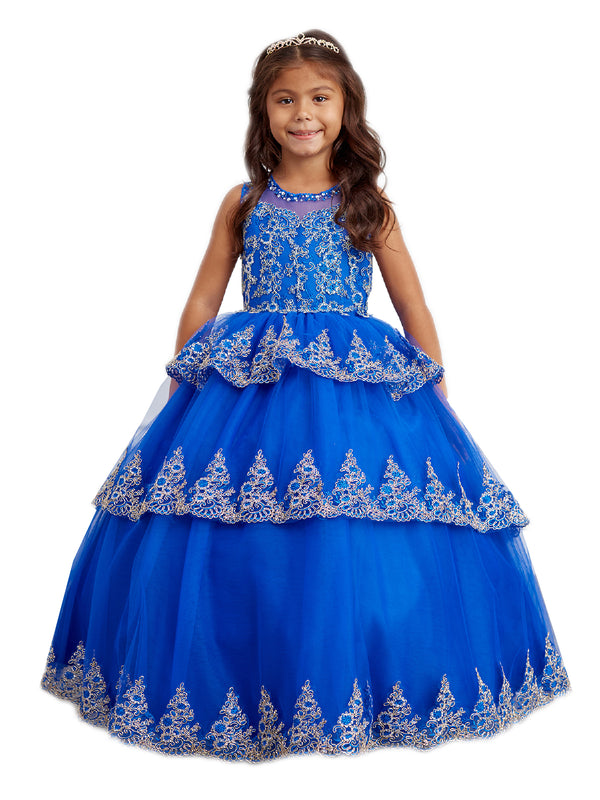 Big Girls Royal Blue Glitter Mesh Overlay V Neck Pageant Dress 8-12 - SophiasStyle.com