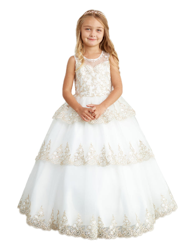 Big Girls Ivory Glitter Mesh Overlay V Neck Pageant Dress 8-12 - SophiasStyle.com