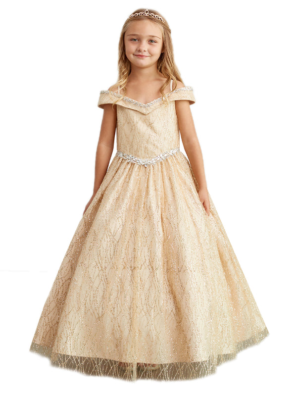 Little Girls Gold Glitter Off Shoulder Rhinestone Waist Pageant Dress 2-6 - SophiasStyle.com