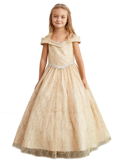 Big Girls Gold Glitter Off Shoulder Rhinestone Waist Pageant Dress 8-12 - SophiasStyle.com