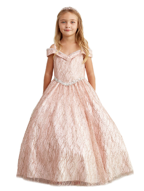 Big Girls Rose Gold Glitter Off Shoulder Rhinestone Waist Pageant Dress 8-12 - SophiasStyle.com