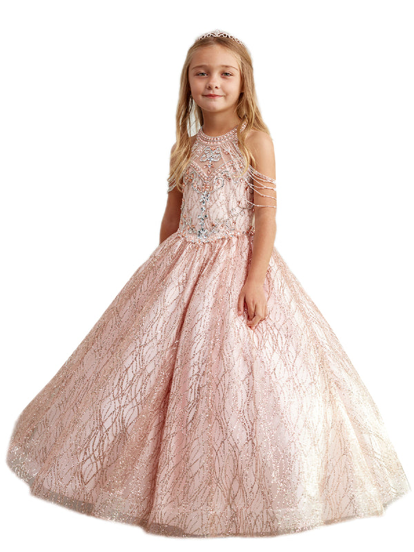 Big Girls Rose Gold Dangling Beads Choker Style Pageant Dress 8-16 - SophiasStyle.com
