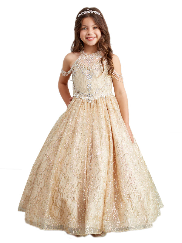 Big Girls Gold Dangling Beads Choker Style Pageant Dress 8-16 - SophiasStyle.com