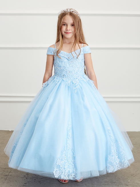 Little Girls Sky Blue Off Shoulder Lace Applique Corset Back Pageant Dress 2-6 - SophiasStyle.com