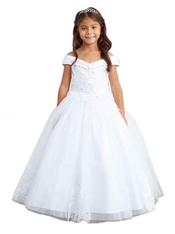 Big Girls Ivory Off Shoulder Lace Applique Corset Back Pageant Dress 8-16 - SophiasStyle.com