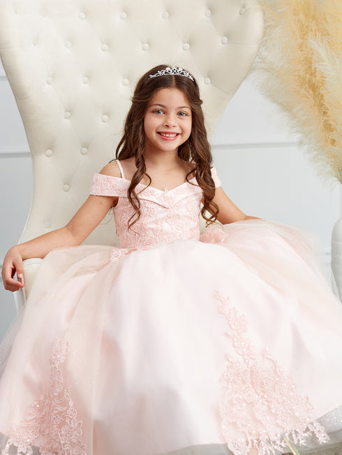 Little Girls Blush Off Shoulder Lace Applique Corset Back Pageant Dress 2-6 - SophiasStyle.com
