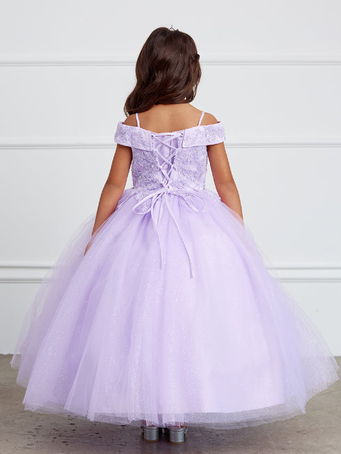 Little Girls Lilac Off Shoulder Lace Applique Corset Back Pageant Dress 2-6 - SophiasStyle.com