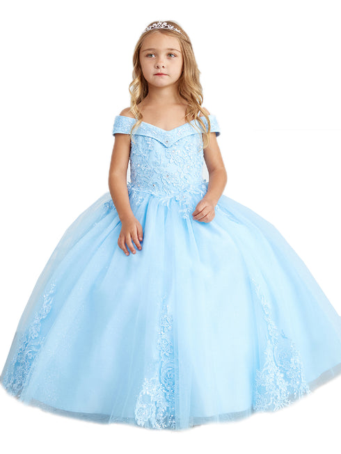 Little Girls Sky Blue Off Shoulder Lace Applique Corset Back Pageant Dress 2-6 - SophiasStyle.com