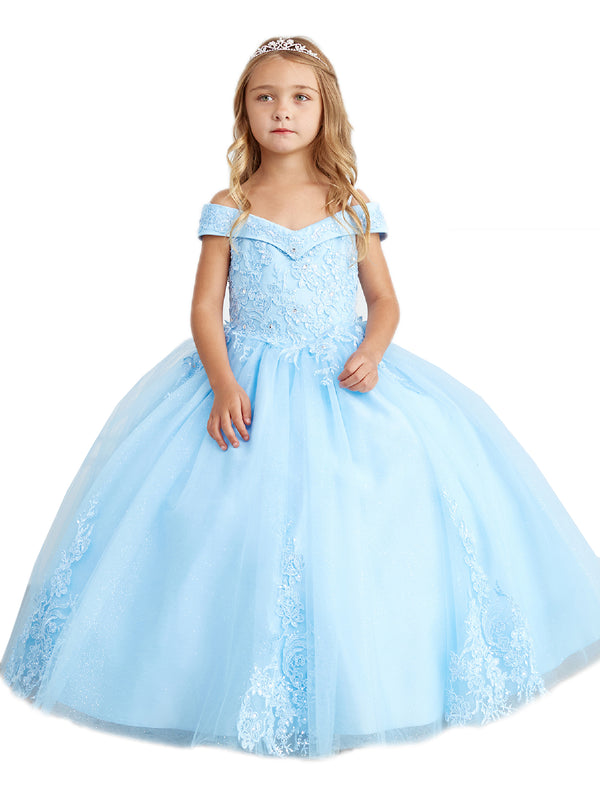 Little Girls Sky Blue Off Shoulder Lace Applique Corset Back Pageant Dress 2-6 - SophiasStyle.com