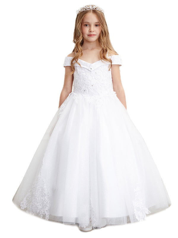 Big Girls White Off Shoulder Lace Applique Corset Back Pageant Dress 8-16 - SophiasStyle.com