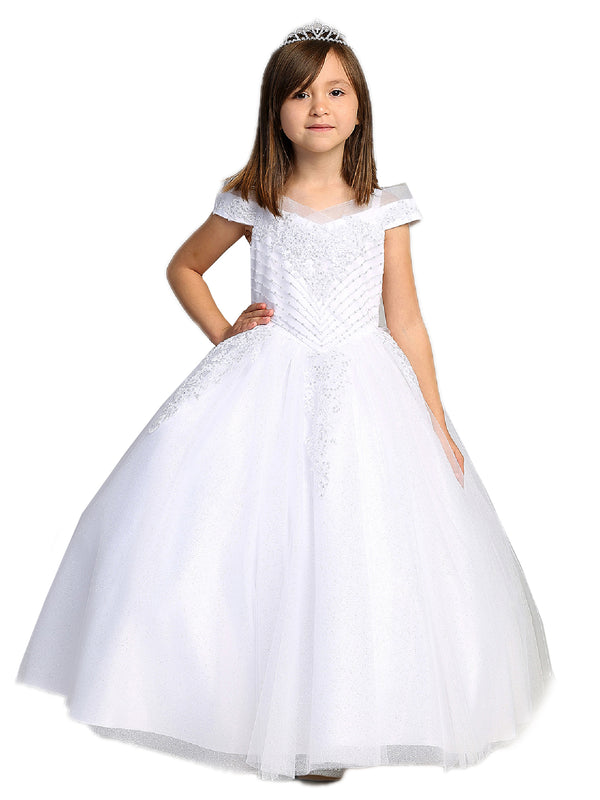 Tip Top Kids Big Girls White Chevron Beading Off Shoulder Pageant Dress 8-18 - SophiasStyle.com