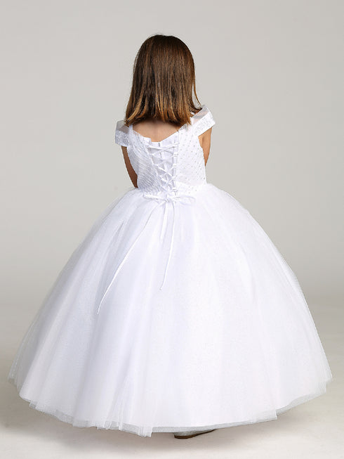 Tip Top Kids Little Girls White Chevron Beading Off Shoulder Pageant Dress 2-6 - SophiasStyle.com