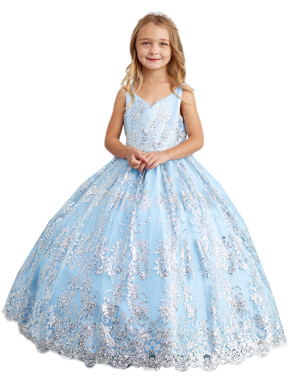 Big Girls Dusty Blue Glitter Mesh Overlay V Neck Pageant Dress 8-12 - SophiasStyle.com