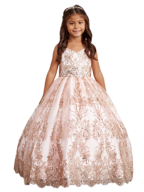 Big Girls Blush Glitter Mesh Overlay V Neck Pageant Dress 8-12 - SophiasStyle.com