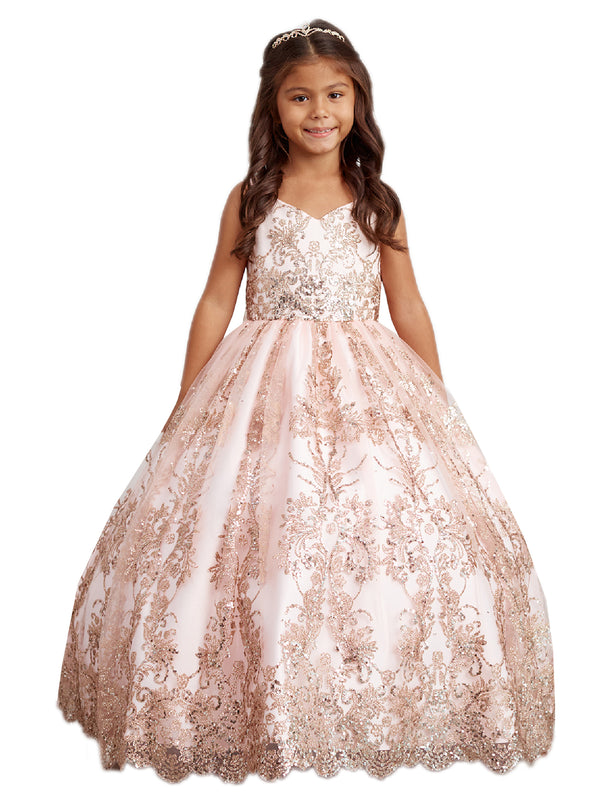 Big Girls Blush Glitter Mesh Overlay V Neck Pageant Dress 8-12 - SophiasStyle.com