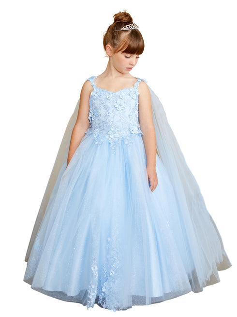 3D Floral Bodice Glitter Tulle Detachable Cape Special Occasion Dress, Sizes 2-18 - SophiasStyle.com