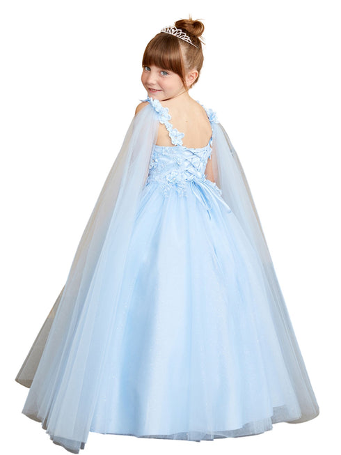 3D Floral Bodice Glitter Tulle Detachable Cape Special Occasion Dress, Sizes 2-18 - SophiasStyle.com