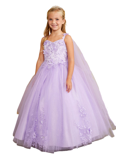 3D Floral Bodice Glitter Tulle Detachable Cape Special Occasion Dress, Sizes 2-18 - SophiasStyle.com