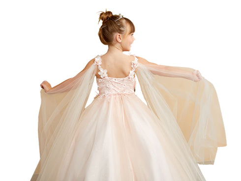 3D Floral Bodice Glitter Tulle Detachable Cape Special Occasion Dress, Sizes 2-18 - SophiasStyle.com
