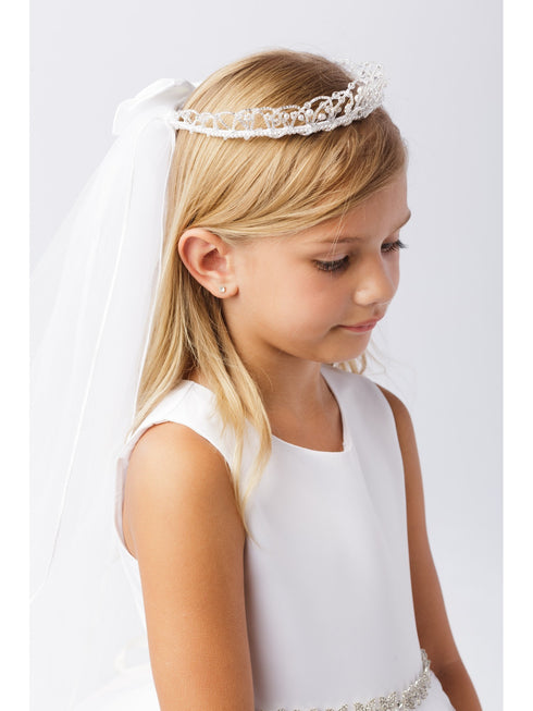 Girls White Pearl Bead Embellished Crown Communion Flower Girl Veil - SophiasStyle.com