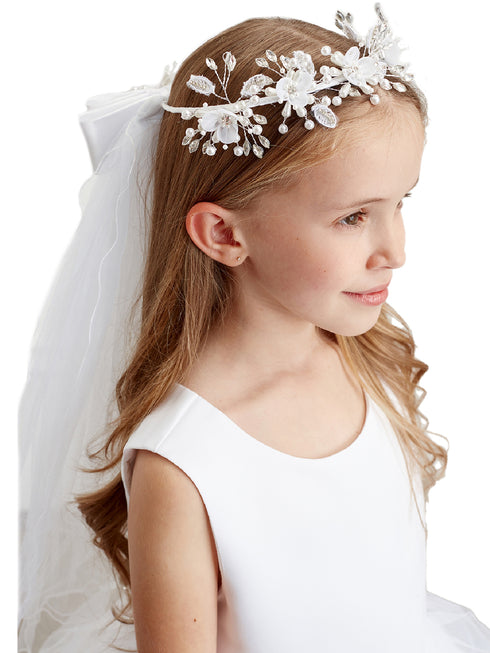 Girls White Elegant Pearl Rhinestone Communion Flower Girl Tiara Crown Veil - SophiasStyle.com