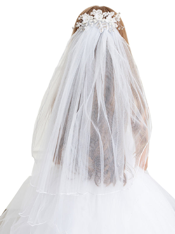 Tip Top Kids Girls White Pearl Rhinestone Flower Comb Veil - SophiasStyle.com