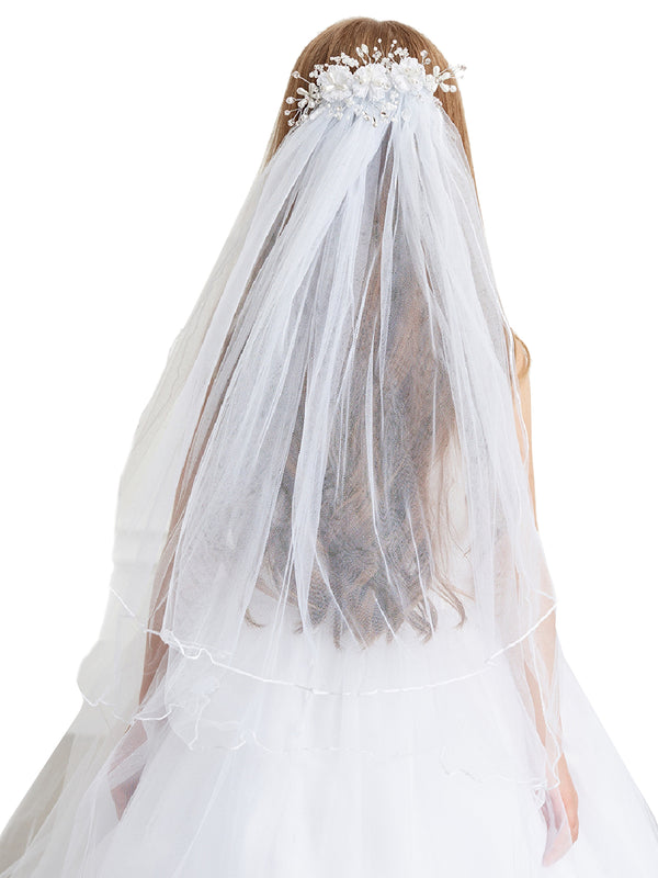 Tip Top Kids Girls White Elegant Pearl Rhinestone Flower Comb Veil - SophiasStyle.com
