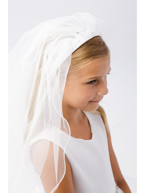 Girls White Embellished Communion Flower Girl Stylish Headband Veil - SophiasStyle.com
