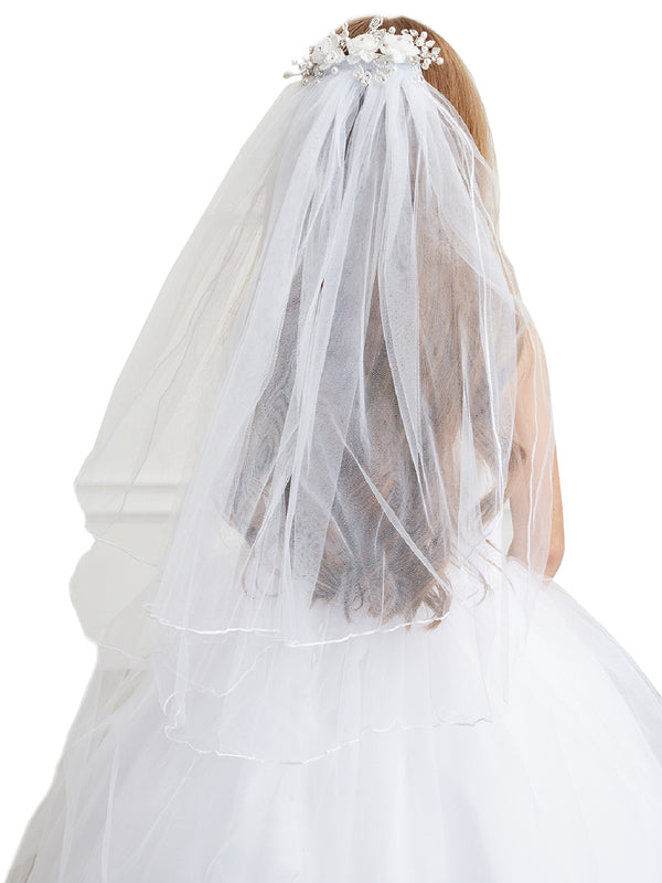 Tip Top Kids Girls White Delicate Pearl Rhinestone Flower Comb Veil - SophiasStyle.com