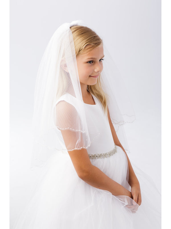 Girls White Scalloped Edge Beaded Work Communion Flower Girl Veil - SophiasStyle.com