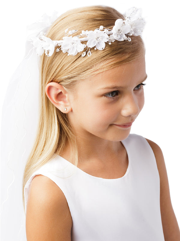 Tip Top Kids Girls White Delicate Crystal Pearl Flower Crown Virgin Mary Veil - SophiasStyle.com