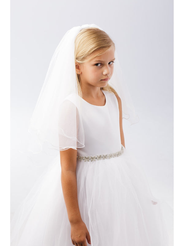 Girls White Wire Merrow Edge Double Layer Communion Flower Girl Veil - SophiasStyle.com