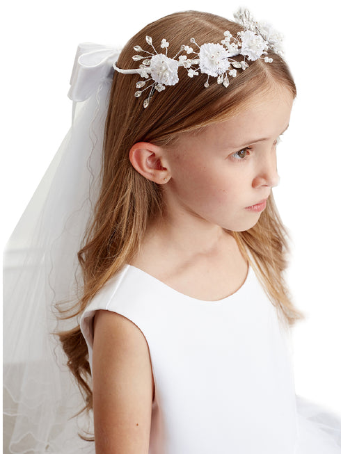 Tip Top Kids Girls White Precious Crystal Pearl Flower Crown Virgin Mary Veil - SophiasStyle.com