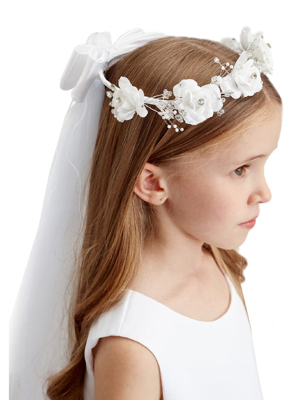 Tip Top Kids Girls White Rhinestone Pearl Flower Crown Virgin Mary Veil - SophiasStyle.com