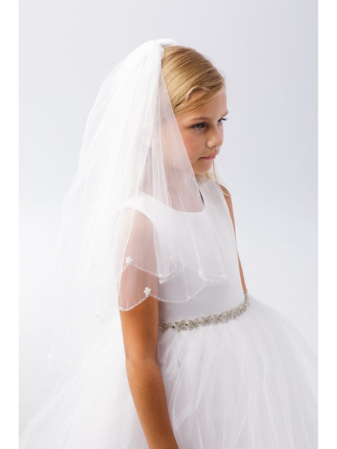 Girls White Beaded Scallop Edge Sequin Flowers Communion Flower Girl Veil - SophiasStyle.com