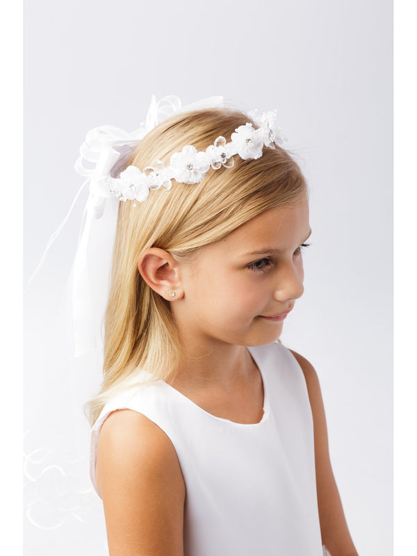 Girls White Glitter Center Floral Crown Stylish Communion Flower Girl Veil - SophiasStyle.com