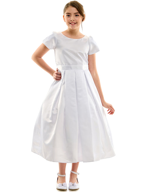Petite Adele Girls White All Satin First Communion Dress with Cap Sleeve and Pleated Skirt, Sizes 6-12 - SophiasStyle.com