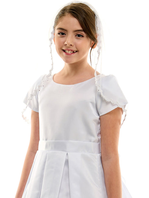 Petite Adele Girls White All Satin First Communion Dress with Cap Sleeve and Pleated Skirt, Sizes 6-12 - SophiasStyle.com